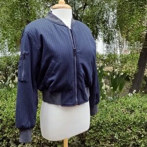 Kenneth Cole Women's Bomber Jacket Navy Gray Pinstripe - New